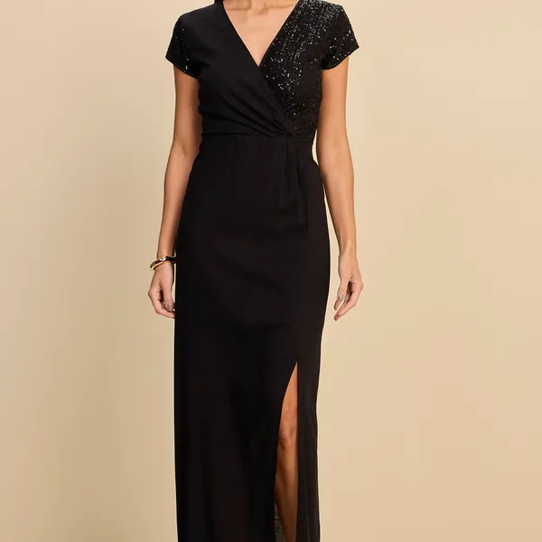 VESTIDO LONGUETE EM VISCOLINHO COM FENDA E PAETÊ M