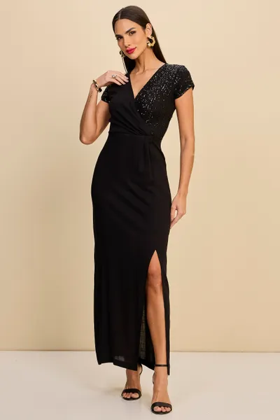 VESTIDO LONGUETE EM VISCOLINHO COM FENDA E PAETÊ M