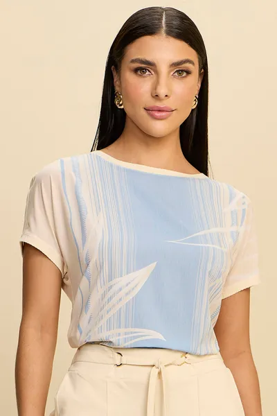 BLUSA EM TECIDO FLUIDO COM RIBANA CANELADA MIRA VE