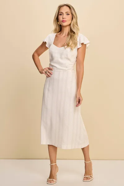 VESTIDO MIDI EM LINHO LISTRADO COM BABADOS MIRA VE