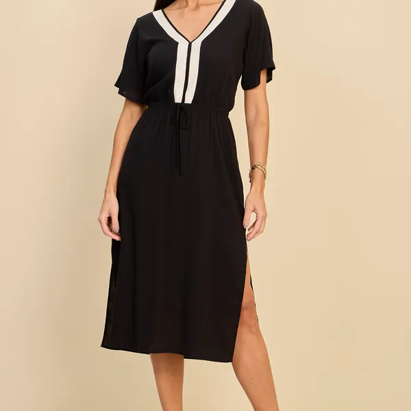 VESTIDO MIDI EM VISCOLINHO COM PALA CONTRASTANTE M