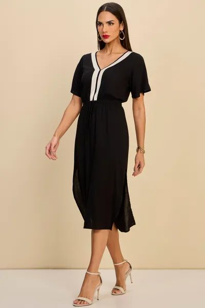 VESTIDO MIDI EM VISCOLINHO COM PALA CONTRASTANTE M
