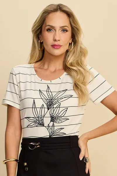 BLUSA LISTRADA EM VISCOLYCRA COM BORDADO MIRA VEST