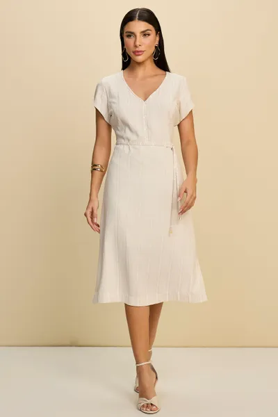VESTIDO MIDI EM VISCOSE DE LINHO COM LUREX E CINTO