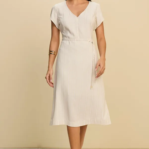 VESTIDO MIDI EM VISCOSE DE LINHO COM LUREX E CINTO