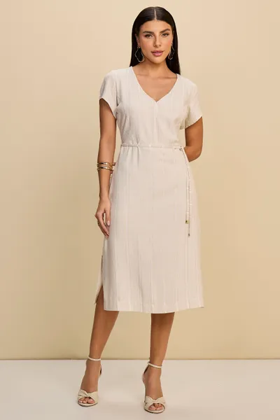 VESTIDO MIDI EM VISCOSE DE LINHO COM LUREX E CINTO