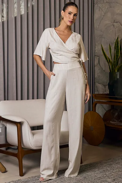 CALÇA PANTALONA EM VISCOSE DE LINHO COM LUREX MIRA