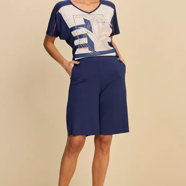 CONJUNTO BLUSA DECOTE V BERMUDA BOLSO FRONTAIS MIR