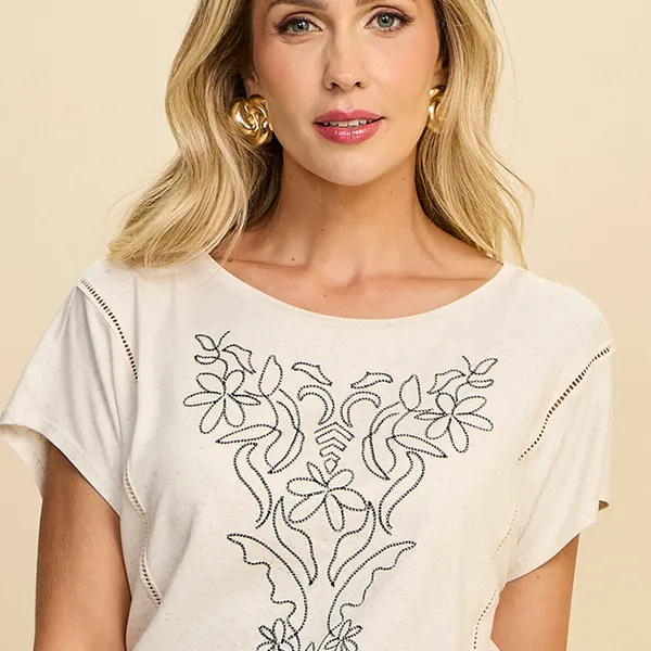 BLUSA MANGA CURTA EM MALHA VISCOLINHO COM ENTREMEI