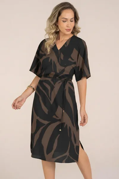 VESTIDO DECOTE V ESTAMPA ABSTRATA PRETO CINZA MIRA