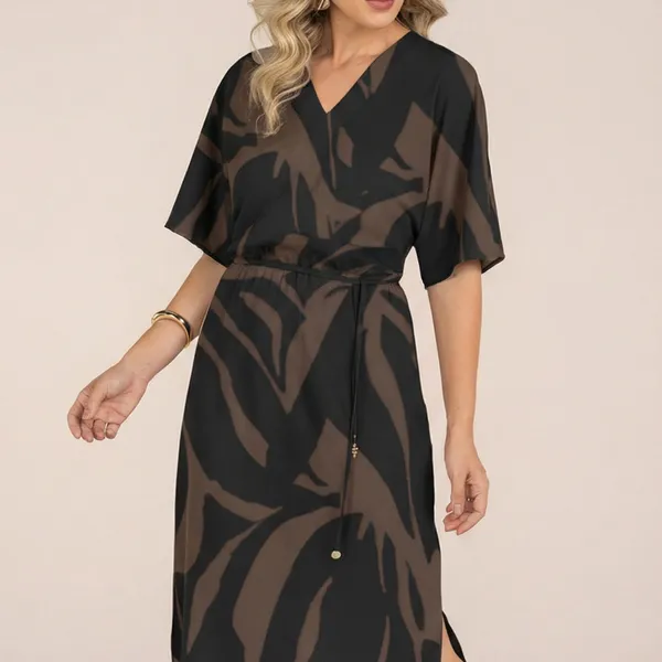 VESTIDO DECOTE V ESTAMPA ABSTRATA PRETO CINZA MIRA