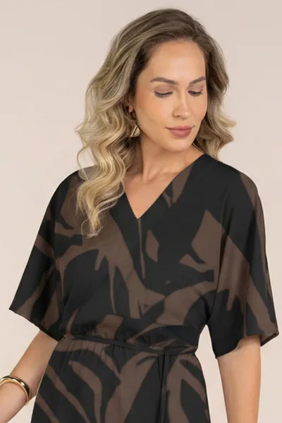 VESTIDO DECOTE V ESTAMPA ABSTRATA PRETO CINZA MIRA