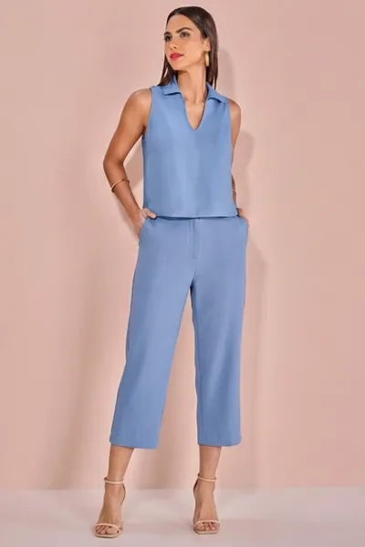 CONJUNTO CROPPED GOLA POLO CALÇA PANTACORT AZUL BE