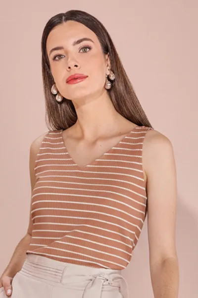 BLUSA SEM MANGA CANELADA LISTRADA TOFFEE