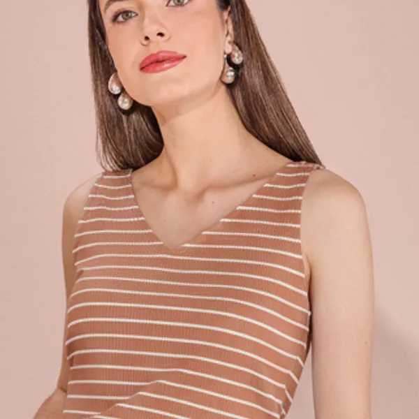 BLUSA SEM MANGA CANELADA LISTRADA TOFFEE