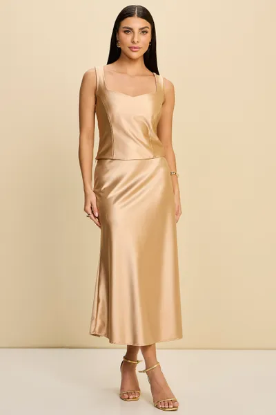 SAIA MIDI MALHA CETIM DOURADO MIRA VEST SAIA MIDI MALHA CETIM DOURADO MIRA VEST