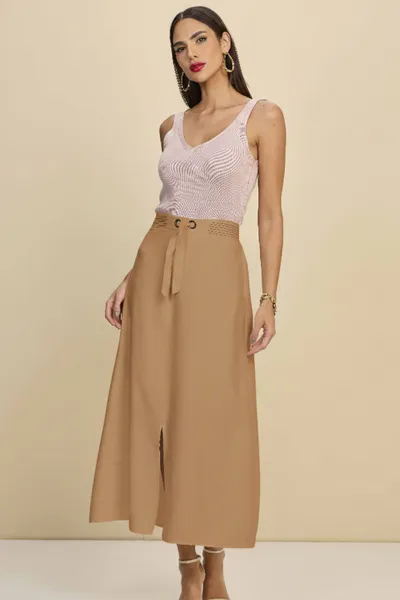 SAIA MIDI VISCOSE DE LINHO AMÊNDOA MIRA VEST