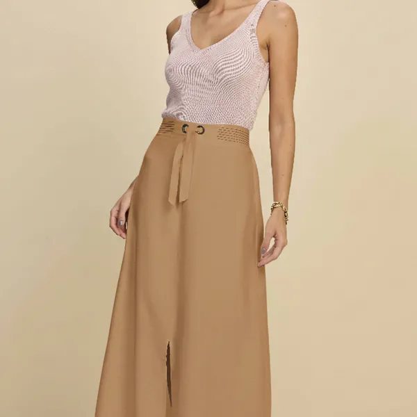 SAIA MIDI VISCOSE DE LINHO AMÊNDOA MIRA VEST