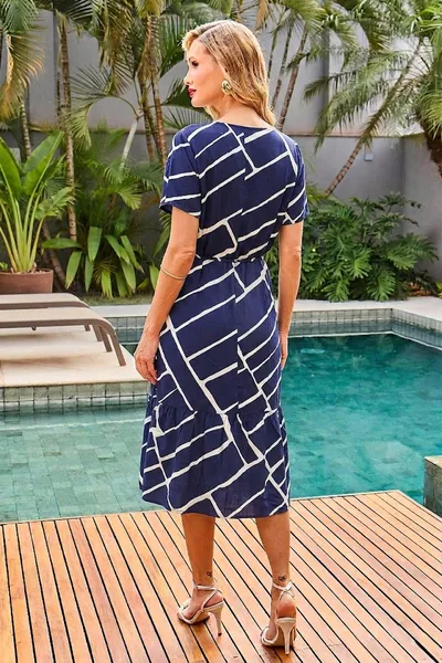VESTIDO CHANEL VISCOSE ESTAMPADA COM CINTO MARINHO MIRA VEST