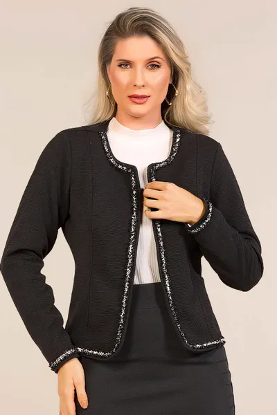 CASAQUETO MALHA TEXTURIZADA COM AVIAMENTO PRETO MIRA VEST