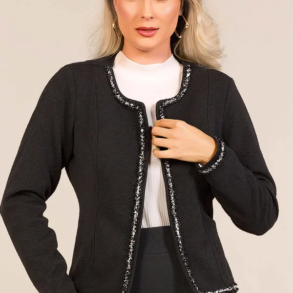 CASAQUETO MALHA TEXTURIZADA COM AVIAMENTO PRETO MIRA VEST