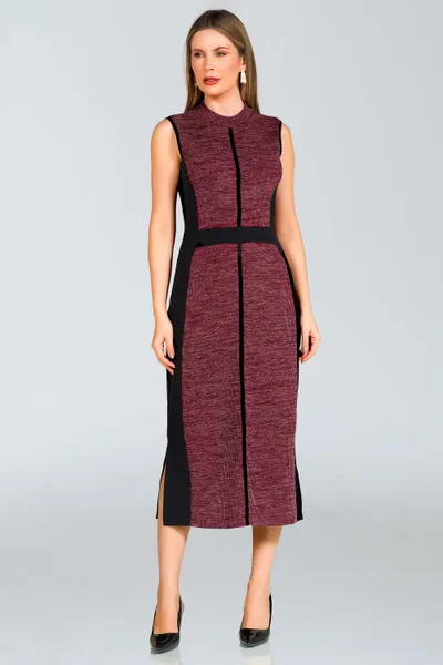 VESTIDO MALHA TEXTURIZADA COM RECORTES MIDI BORDÔ MIRA VEST