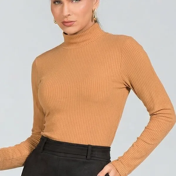 BLUSA CANELADA GOLA ALTA BEGE MIRA VEST