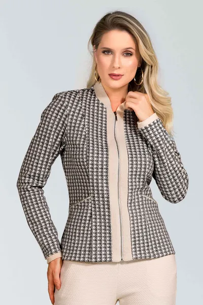 JAQUETA JACQUARD COM PELE SINTÉTICA CINZA MIRA VEST
