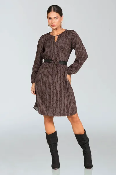 Vestido Cobre com Cinto Couro Sintético Mira Vest
