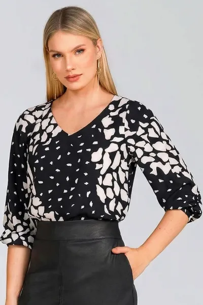 BLUSA PLANO FLUIDO DECOTE V PRETO/GELO MIRA VEST