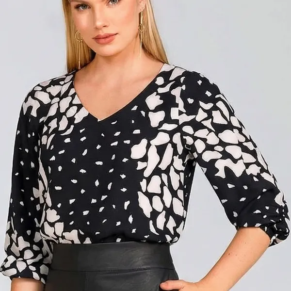 BLUSA PLANO FLUIDO DECOTE V PRETO/GELO MIRA VEST