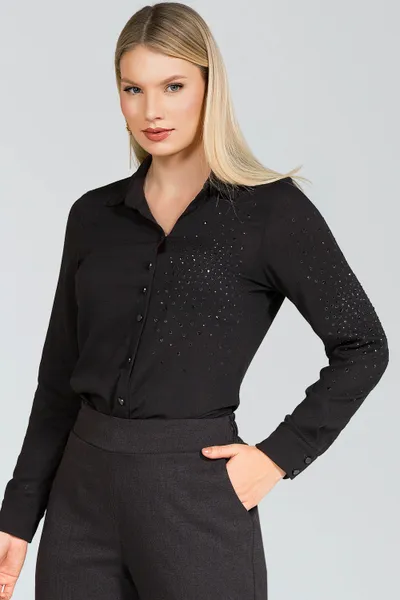 Camisa Viscolinho com Pedrarias Preto Mira Vest