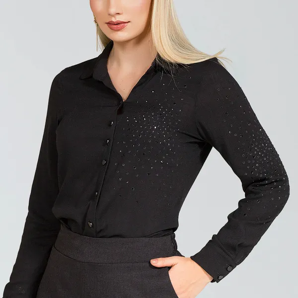 Camisa Viscolinho com Pedrarias Preto Mira Vest
