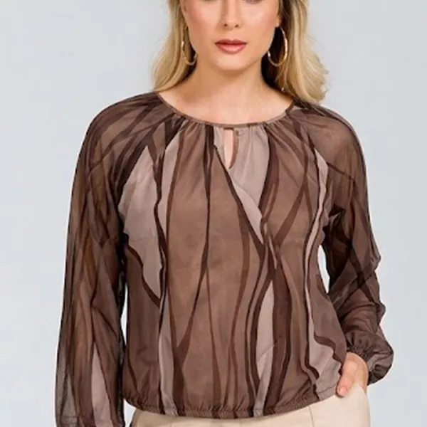 Blusa Plano Fluido com Transparência Decote Canoa Marrom Mira Vest