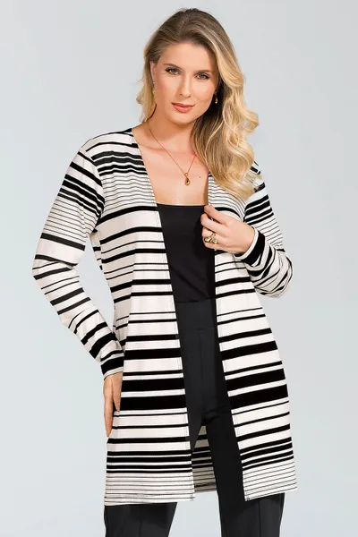 DUETO VISCOLYCRA COM CARDIGAN LISTRADO PRETO/OFF MIRA VEST
