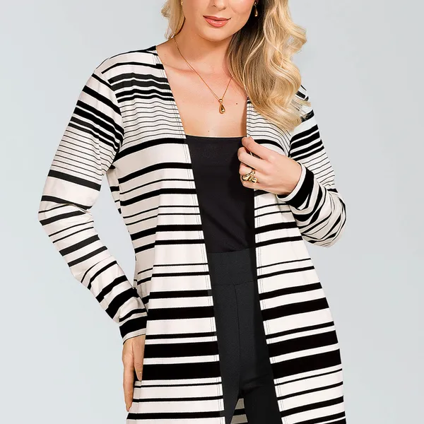 DUETO VISCOLYCRA COM CARDIGAN LISTRADO PRETO/OFF MIRA VEST