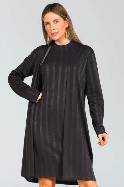 Dueto Jacquard Cardigan e Vestido Preto/Chumbo Mira Vest