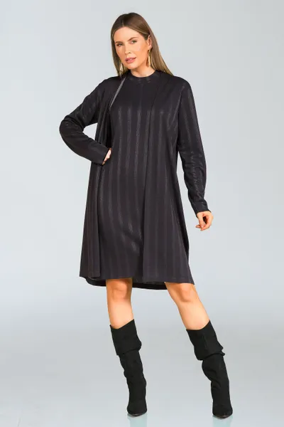 Dueto Jacquard Cardigan e Vestido Preto/Chumbo Mira Vest