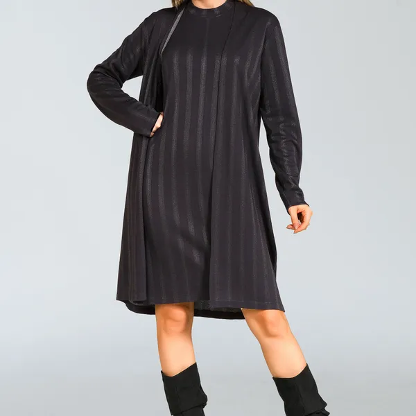 Dueto Jacquard Cardigan e Vestido Preto/Chumbo Mira Vest