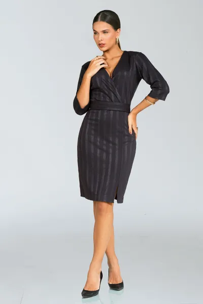 VESTIDO JACQUARD TRANSPASSADO COM FENDA PRETO CHUMBO MIRA VEST