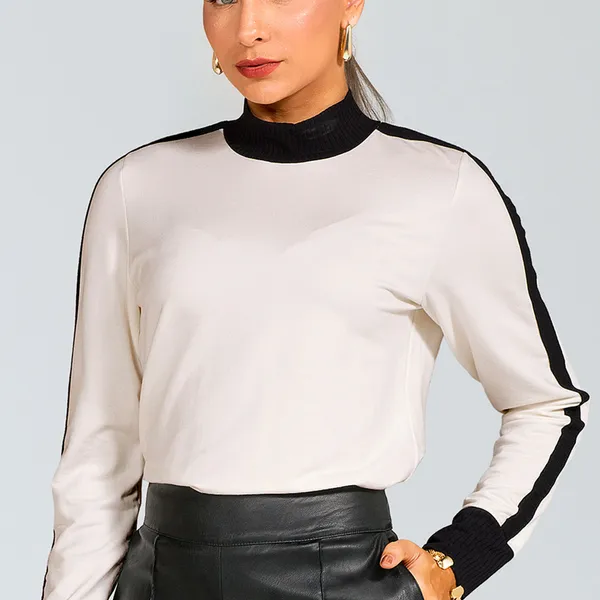 BLUSA MOLETINHO COM CANELADO GOLA ALTA OFF WHITE MIRA VEST