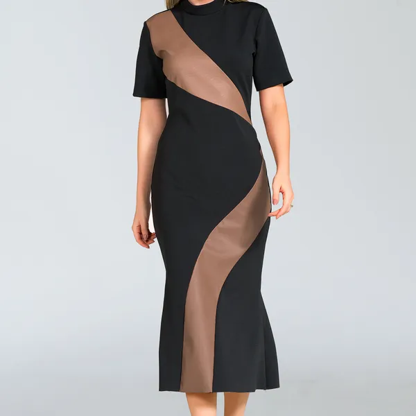 VESTIDO MIDI MALHA ESTRUTURADA COM COURO SINTÉTICO PRETO MIRA VEST