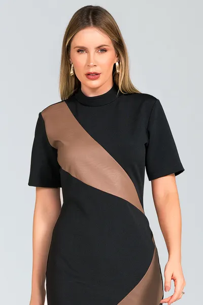 VESTIDO MIDI MALHA ESTRUTURADA COM COURO SINTÉTICO PRETO MIRA VEST VESTIDO MIDI MALHA ESTRUTURADA COM COURO SINTÉTICO PRETO MIRA VEST