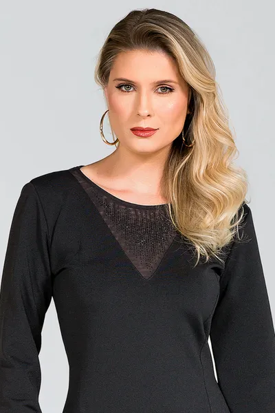 VESTIDO MALHA ESTRUTURADA COM TULE E PEDRARIAS PRETO MIRA VEST