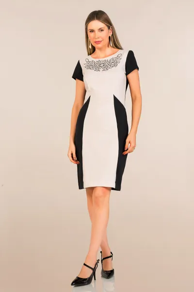 Vestido Malha Texturizada com Bordado Preto/Off Mira Vest