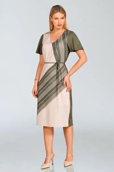 Vestido Crepe com Cinto Decote V Oliva Mira Vest