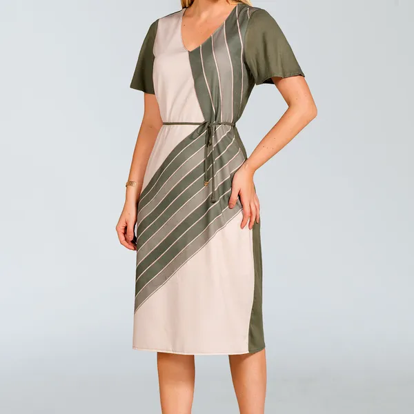 Vestido Crepe com Cinto Decote V Oliva Mira Vest
