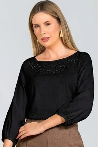 BLUSA VISCOLINHO COM PEDRARIAS PRETO MIRA VEST