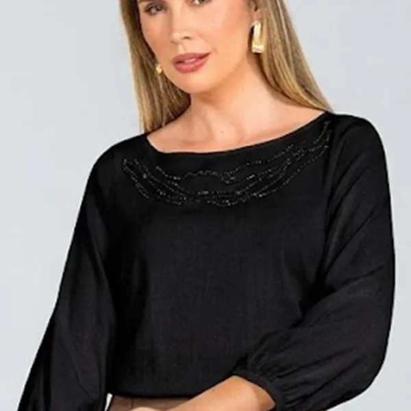 BLUSA VISCOLINHO COM PEDRARIAS PRETO MIRA VEST