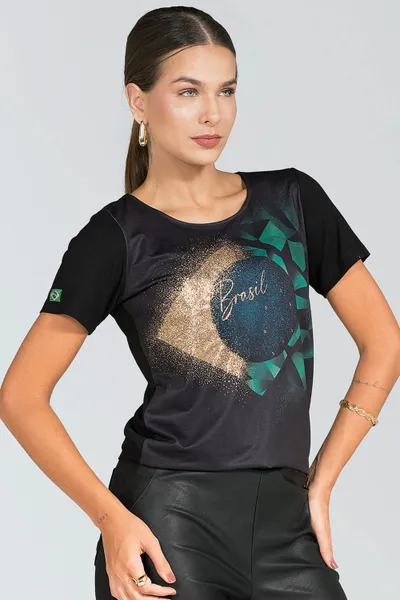 T-Shirt Creponada Estampa Brasil com Glitter Preto Mira Vest